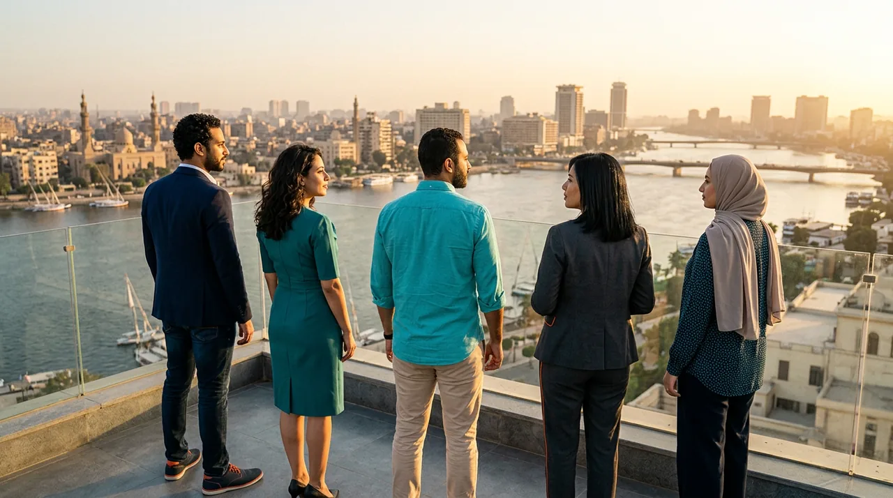 Five Egyptian founders standing on a rooftop at sunset overlooking the Nile and Cairo skyline